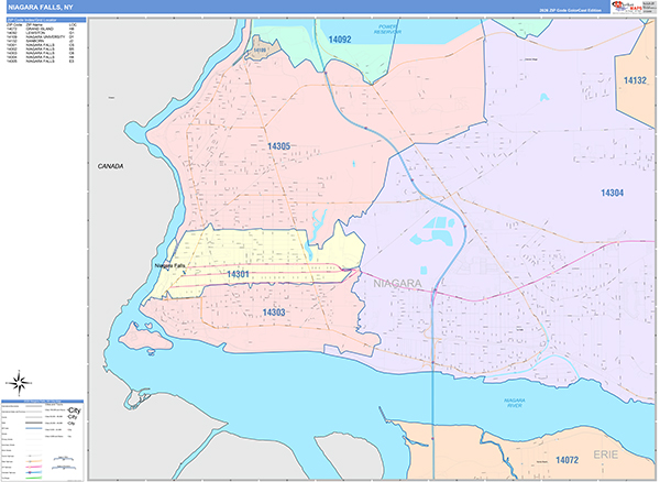 Niagara Falls City Wall Map Color Cast Style